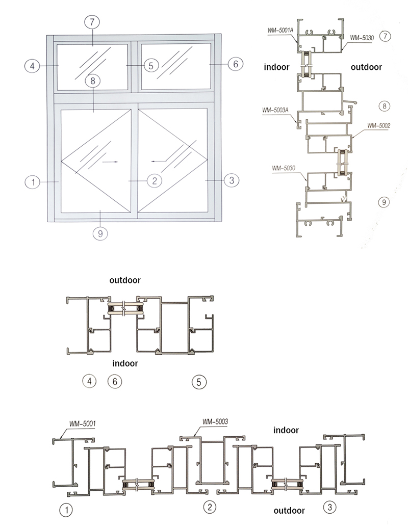 50 aluminum casement window profile node diagram